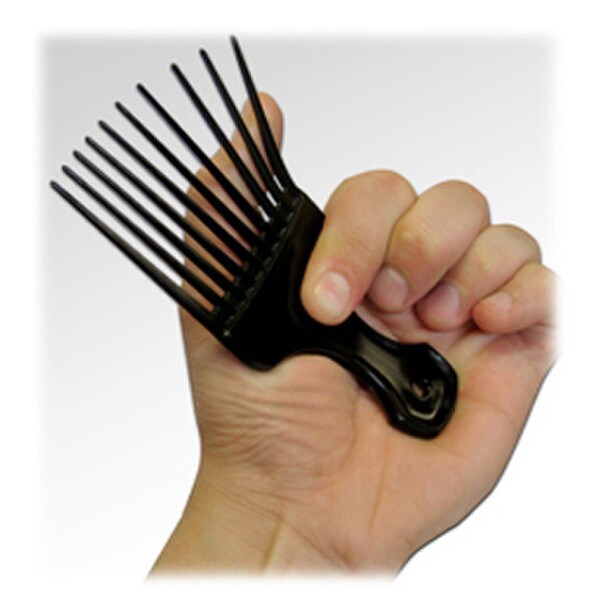 Hand holding a black hair pick comb.